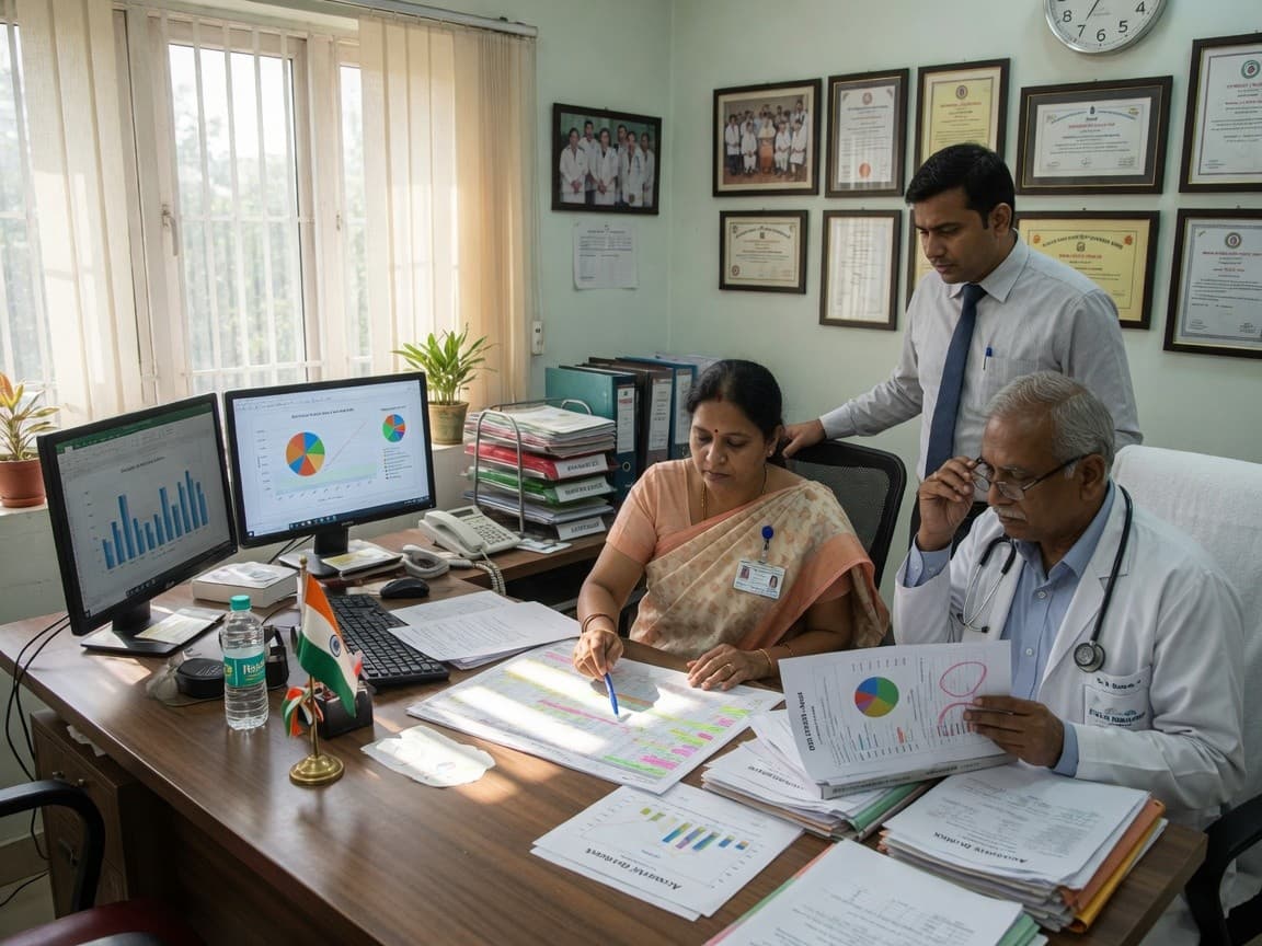 Hospital administration reviewing operational reports