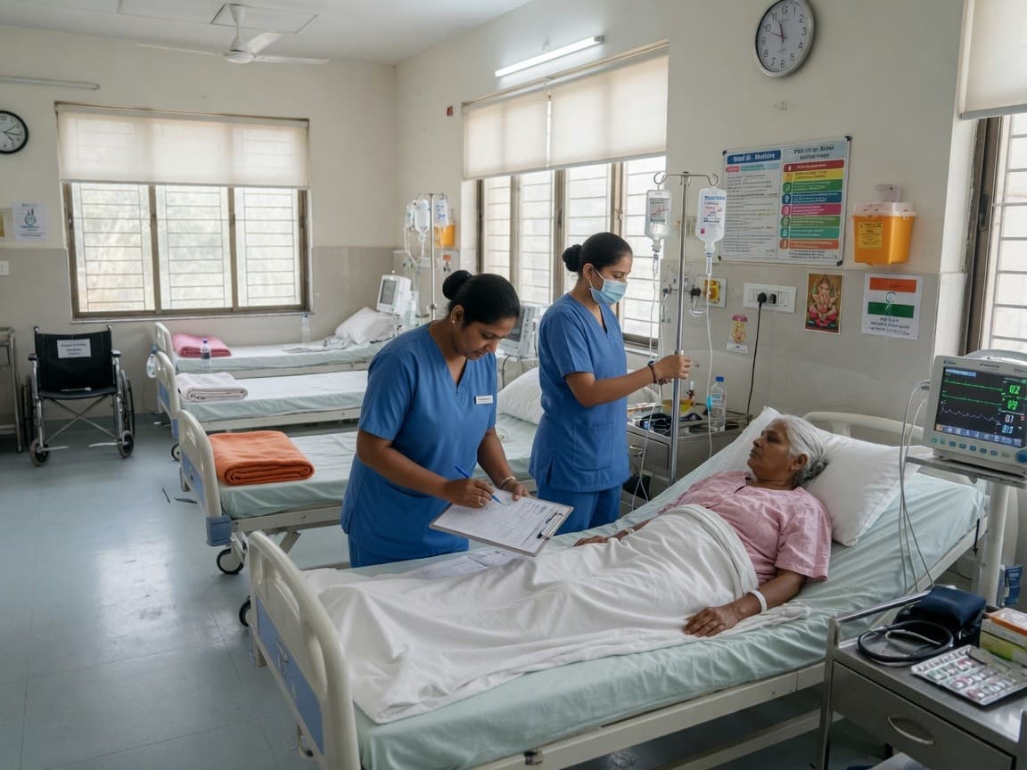 Modern inpatient hospital ward with nurses and bed monitoring